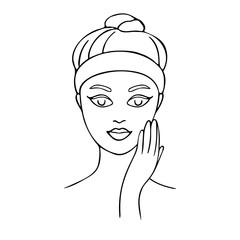 Young woman cares about her face. Hand drawn illustration. Vector illustration