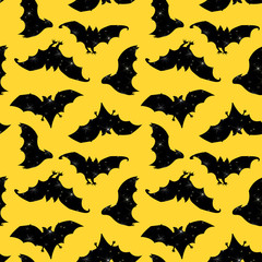Seamless pattern black vintage starry stars night sky beautyful silhouette bats bat fly isolated on bright yellow background