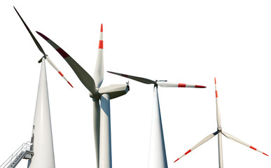 Collection of four white and red wind turbines isolated on white background. Renewable energy