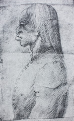 Fototapeta premium The caricature of girl by Leonardo Da Vinci in the vintage book Leonardo da Vinci by A.L. Volynskiy, St. Petersburg, 1899