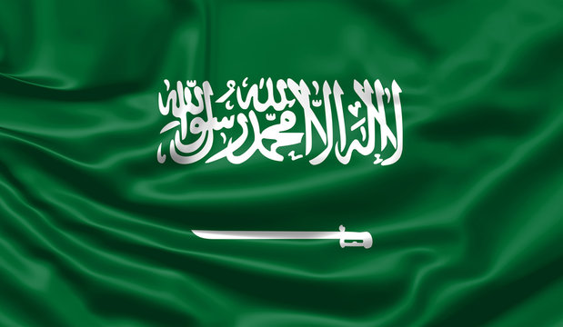 Realistic flag. Saudi Arabia flag blowing in the wind. Background silk texture. 3d illustration.