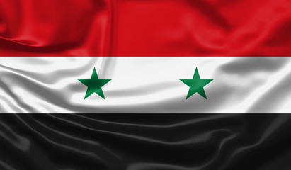 Realistic flag. Syria flag blowing in the wind. Background silk texture. 3d illustration.
