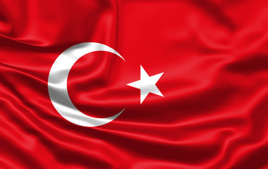 Realistic flag. Turkey flag blowing in the wind. Background silk texture. 3d illustration.
