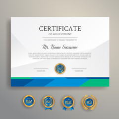 Blue and green certificate template border with gold badges vector for business and legal document printing