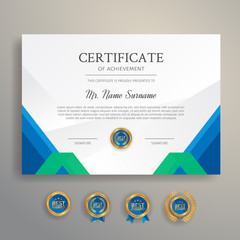 Blue and green certificate template border with gold badges vector for business and legal document printing