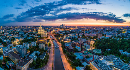 Fototapeta na wymiar Moscow, Russia. An aerial view of the Yauza River and the Kotelnicheskaya Embankment Building at sunset.