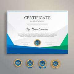Modern simple certificate in blue and green color with gold badge and border vector template