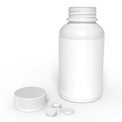 White opened plastic bottle with pills. Pharmacy mockup. 3d render isolated on white