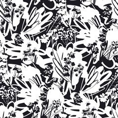Black hand white floral hand drawn pattern