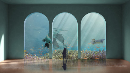 Surreal visionary aquarium with a big blue fish which escapes from the cage while a young woman...