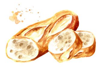 Fresh Baguette cut in half, French bread. Hand drawn watercolor illustration, isolated on white background