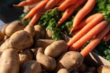 Fresh carrots and potatoes at the market by day