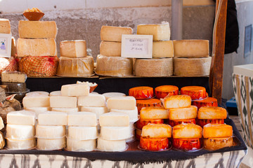 Porreres, Mallorca, Spain - October 27, 2019: Cheese for sale on Porreres Market. Majorca, Spain