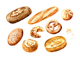 Fresh pastries, bread, pretzel, baguette set. Hand drawn watercolor illustration isolated on white background