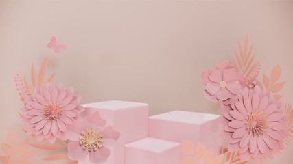 cosmetics stand and flower backdrop in pastel background,3d rendering design