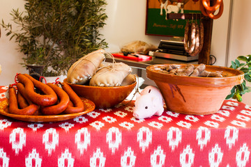 Porreres, Mallorca, Spain - October 27, 2019: Traditional Majorcan Sobrassada saussage for sale on Porreres Market. Majorca, Spain