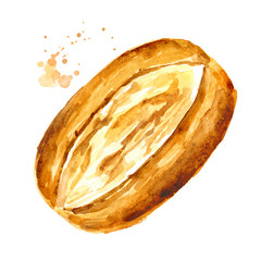 Fresh pastries, bread. Hand drawn watercolor illustration isolated on white background