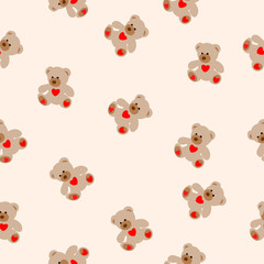 Seamless pattern vector illustration of hand drawn bear with heart. Beautiful animal design elements. Funny illustration, Valentine's Day toy isolated on color background
