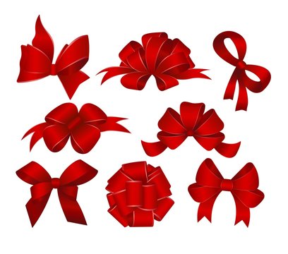 Set of red satin bow isolated on white. Vector gift bows  for page decor.