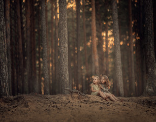 Two sisters are sitting in the summer embracing in a spruce forest on a hillside.