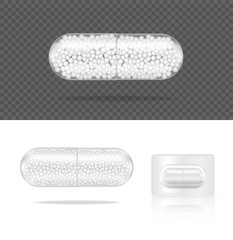 Mock up Realistic Transparent Pill Medicine Capsule Panel on White Background Vector Illustration. Tablets Medical and Health Concept.