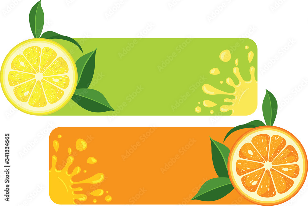 Poster banners with lemon and orange slice and splash juice