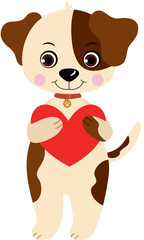 Cute dog of standing holding a red heart