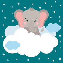 Illustration of cute elephant peeking out clouds in sky
