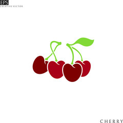 Red cherry. Vector illustration. Isolated cherries with leaves on white background