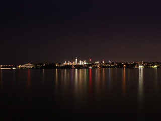 Drone Panoramic Aerial view of Sydney Harbour and the beautiful vibrant colours of the afternoon showing smooth harbour waters 