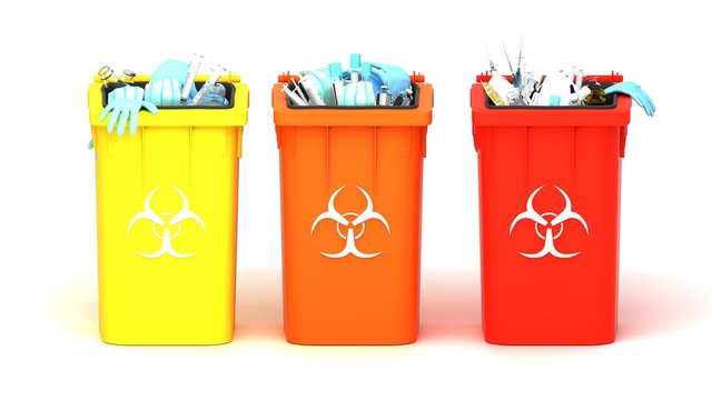 Medical trash 3d illustration. Coronavirus protection equipment in medical waste bin. Used face masks and sterile gloves.