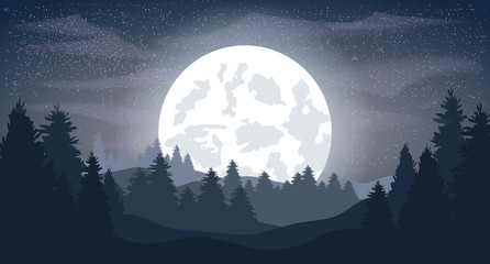 Vector night landscape. Stars, moon, panorama, gloomy forest.