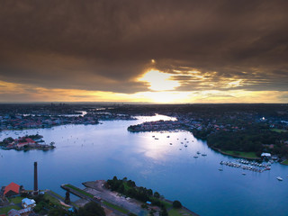 Drone Panoramic Aerial view of Sydney Harbour and the beautiful vibrant colours of the afternoon showing smooth harbour waters 