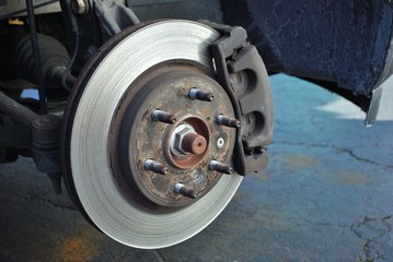 ruined disc brake rotor seen on a vehicle