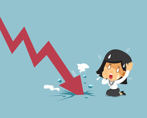 Vector cartoon businesswoman with red arrow for design.