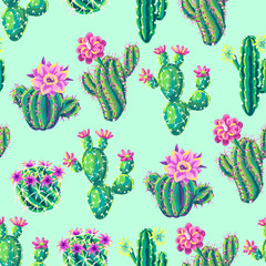Seamless pattern with cacti and flowers. © incomible