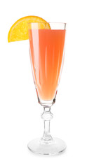 Glass of tasty mimosa cocktail on white background