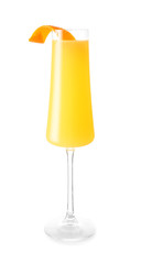 Glass of tasty mimosa cocktail on white background