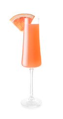 Glass of tasty mimosa cocktail on white background