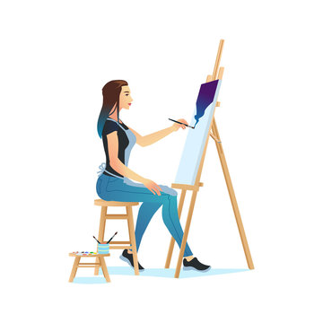 Young creative girl doing art. Female contemporary artist creating picture. Vector painter character isolated illustration