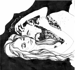 handsome and muscular man sitting in bed and kissing with beautiful woman in lace bra in bedroom