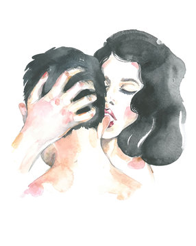the concept of a romantic stroll. A girl kisses a guy in the ear. Watercolor illustration caucasian man and black hair woman isolated on white