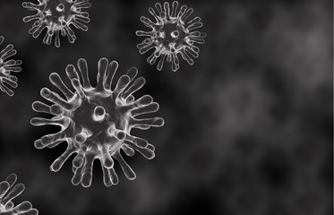 Coronavirus cells under microscope ackground on black and white.3d rendering