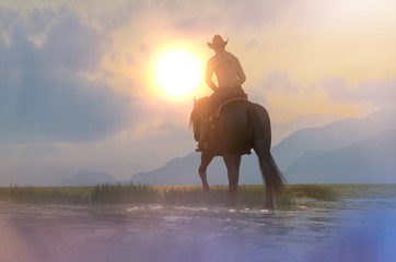 silhouette of a cowboy and horse at sunset, 3d render