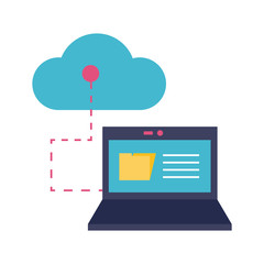 laptop with folder and cloud computing flat style icon
