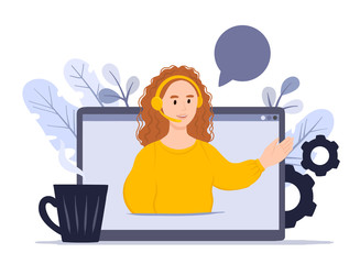 Concept customer and operator, online technical support 24-7 for web page. Vector illustration ginger hair female hotline operator advises client. Online assistant, virtual help service.