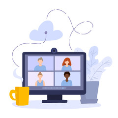 Desktop computer with group of colleagues taking part in video conference. Software for videoconferencing and online communication. Virtual work meeting. Modern vector illustration in flat style