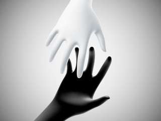 Two 3D hands taking each other on white background. Concept of help, charity, business assistance and partnership. White hand reaches for black hand. Vector illustration of helping gesture.