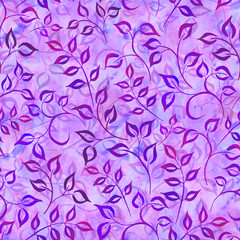 Fototapeta na wymiar Watercolor blue leaves on a pink-purple background with splashes, drops. Seamless pattern. Hand-painted texture. Watercolor, ink stock illustration. Design for backgrounds, wallpapers, textile, covers