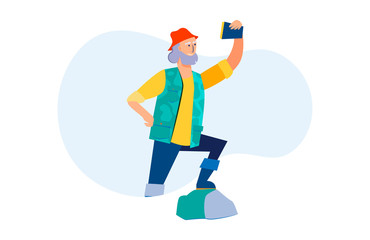 Cheerful hunter taking selfie outdoors. Senior man using smartphone flat vector illustration. Lifestyle, active hobby, hunting concept for banner, website design or landing web page